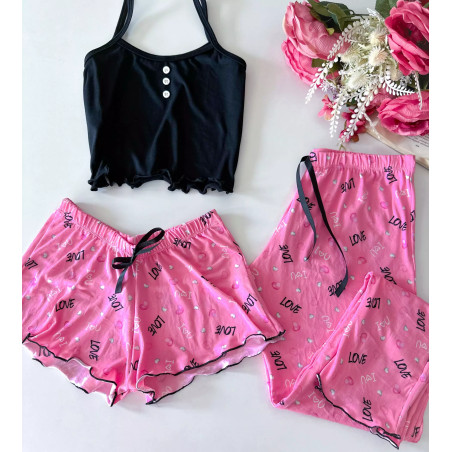 Pijama Cropped Blogueira em Suede com 3 Peças - Estampa Love | Conforto e Estilo