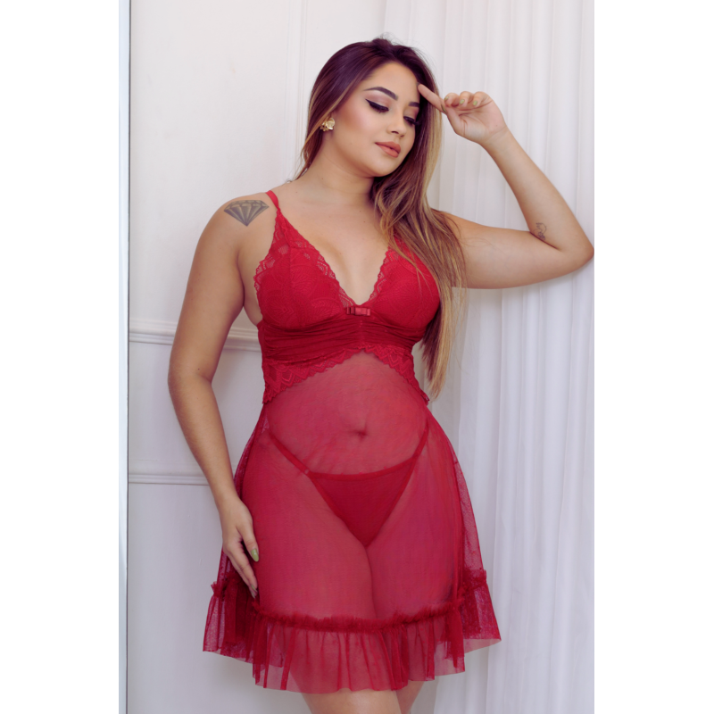 Camisola com bojo Sexy em Tule - Vermelho Camisola com bojo Sexy em Tule - Vermelho