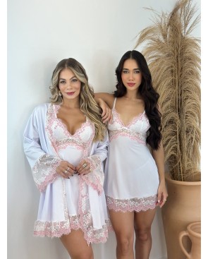 Camisola com Robe Manga Longa - Branco/Rosa