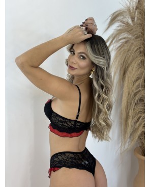 Conjunto de Lingerie Sensual com Babadinho Preto e Vermelho