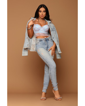 Conjunto Lingerie Cropped Rendado Bicolor